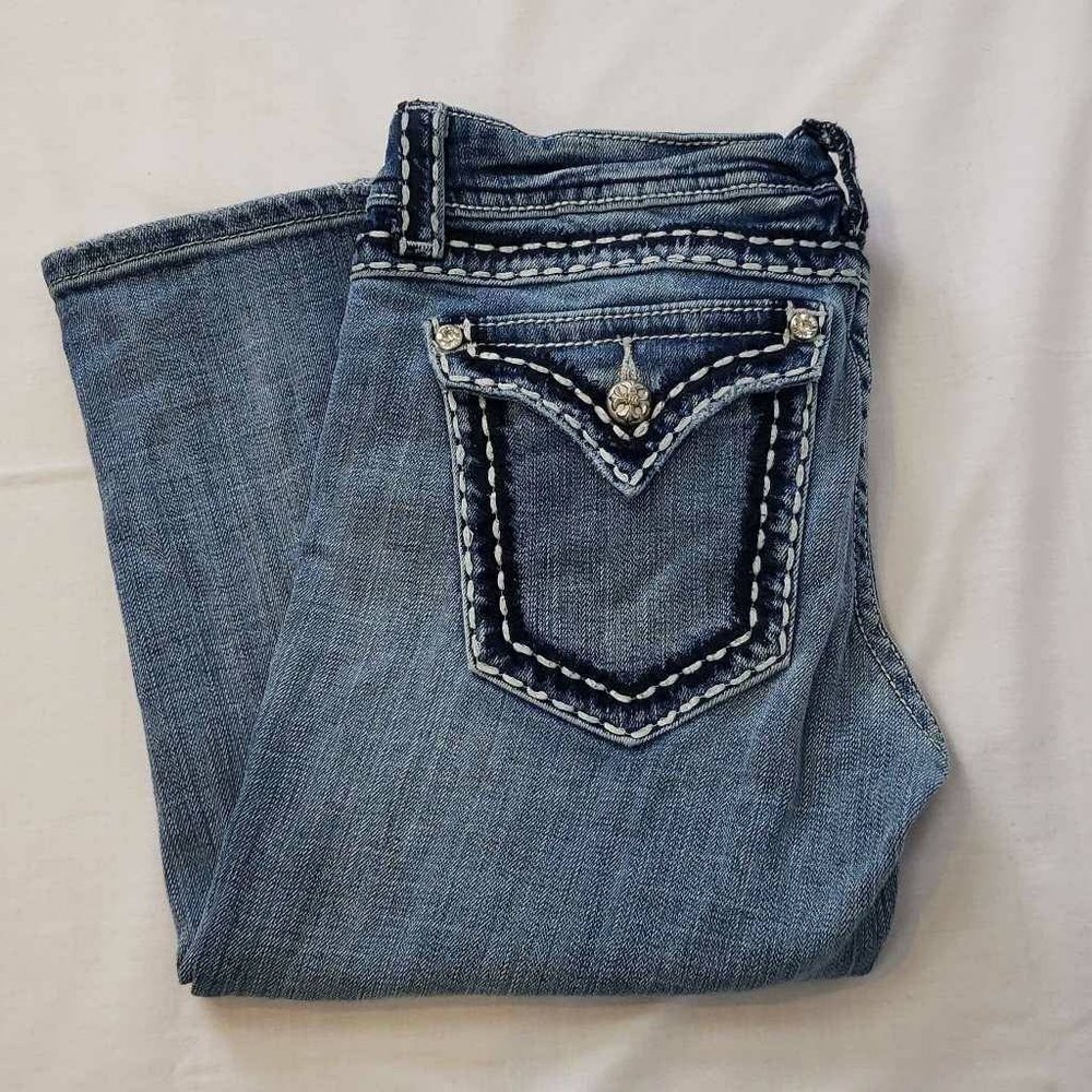 Miss Me Womens Cropped Jeans Blue Thick Stitch Medium Wash Low Rise Denim 29
